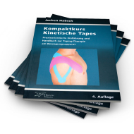 Abbildung eines Bücherstapels, obenauf das Buch Kompaktkurs kinetische Tapes, 4. Auflage