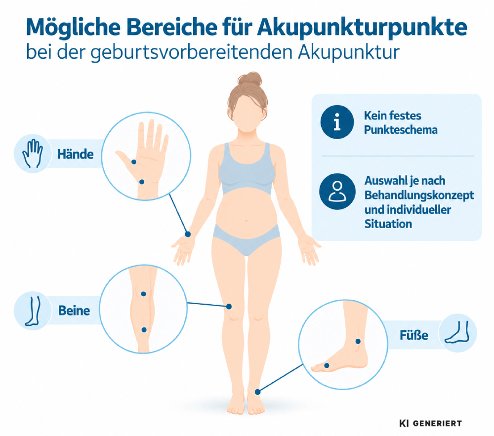 Infografik zu möglichen Akupunkturpunkten bei der Geburtsvorbereitung